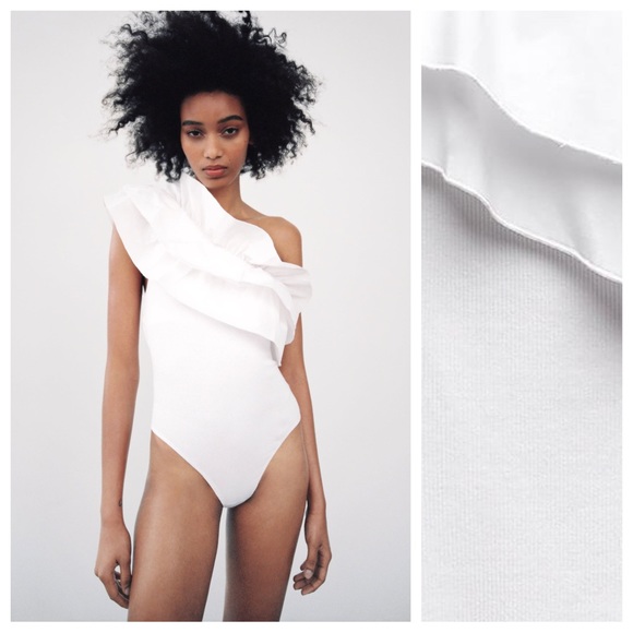 NWT. Zara White Asymmetric Ruffled Bodysuit. Size S, M, L. - Picture 2 of 12